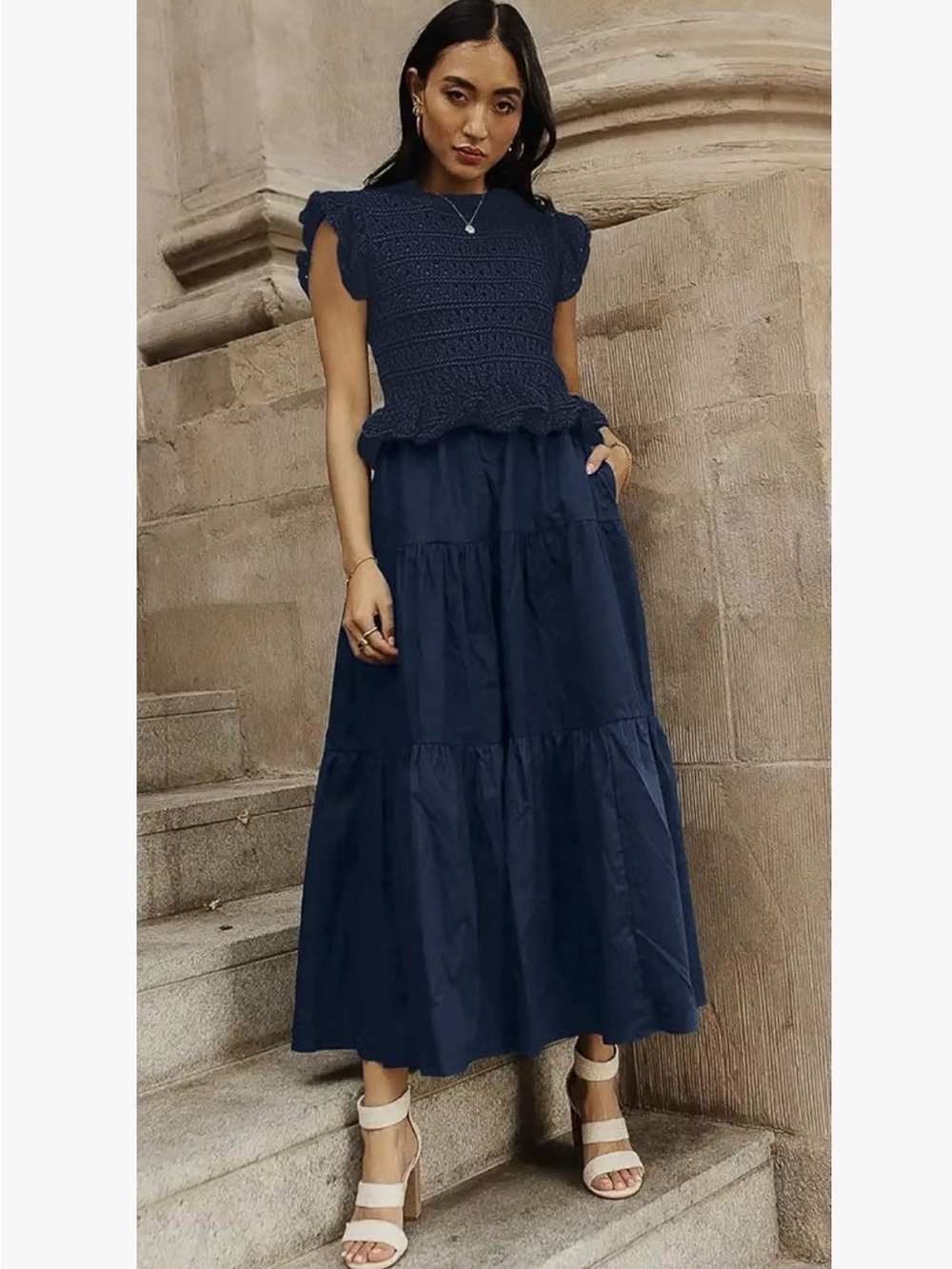 Navy mixed-media Tiered Maxi dress